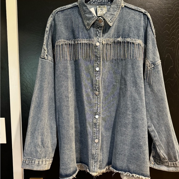 Jackets & Blazers - Embellished Denim Shirt/Jacket with Rhinestone Fringe